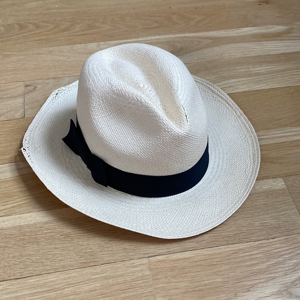 Cuyana Cream Straw Fedora with Black Ribbon Sz 56